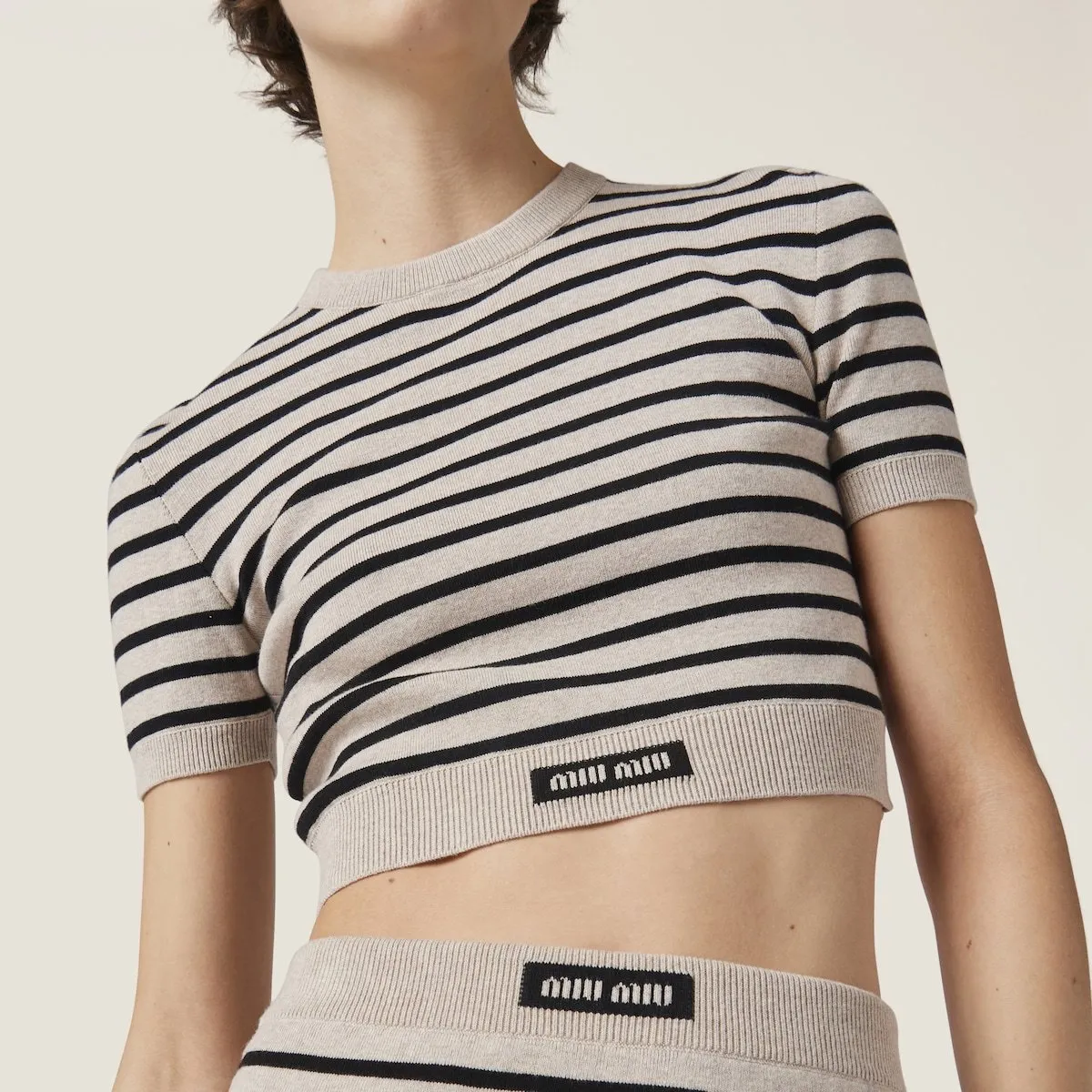 MiuMiu  |Crew Neck Stripes Long Sleeves Plain Cotton Logo