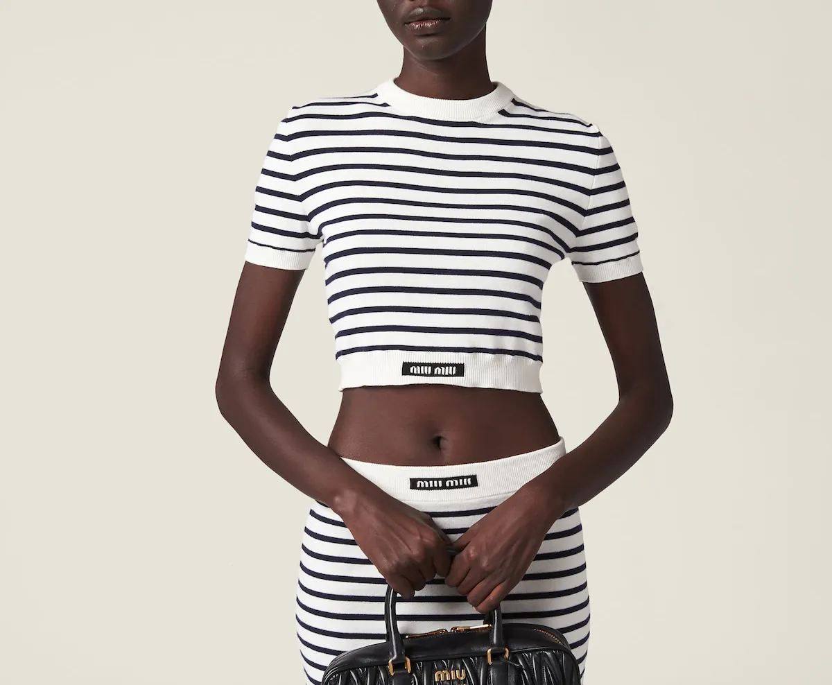 MiuMiu  |Crew Neck Stripes Long Sleeves Plain Cotton Logo