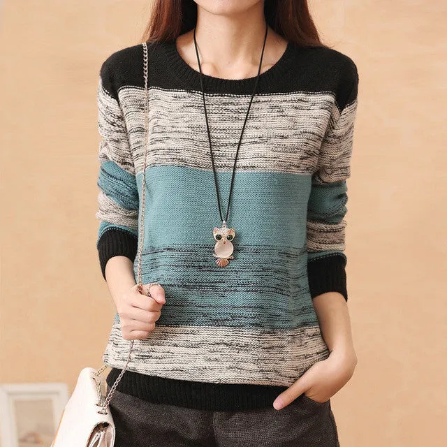 New Fashion Female Pullovers Knitted Long Sleeve O-neck Winter Autumn Patchwork Sweaters Hot  70057 SM6