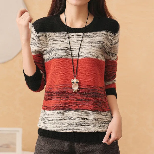 New Fashion Female Pullovers Knitted Long Sleeve O-neck Winter Autumn Patchwork Sweaters Hot  70057 SM6