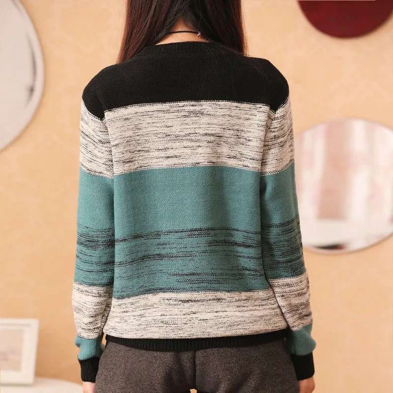 New Fashion Female Pullovers Knitted Long Sleeve O-neck Winter Autumn Patchwork Sweaters Hot  70057 SM6