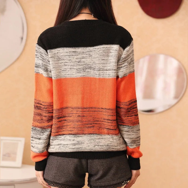 New Fashion Female Pullovers Knitted Long Sleeve O-neck Winter Autumn Patchwork Sweaters Hot  70057 SM6