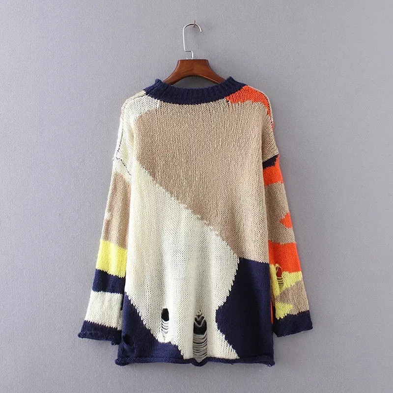 New O-Neck Autumn Women Sweater Long Sleeve Pullovers Knitting Fashion Long Patchwork Hole Outwear 72086 SM6