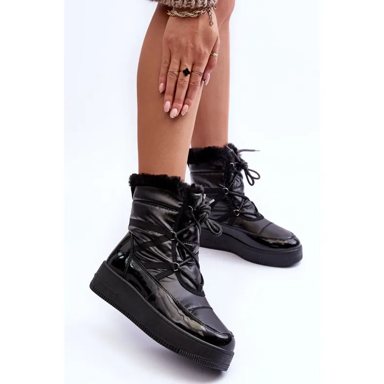 News Women's Lace-Up Snow Boots With Fur Black Lexxina