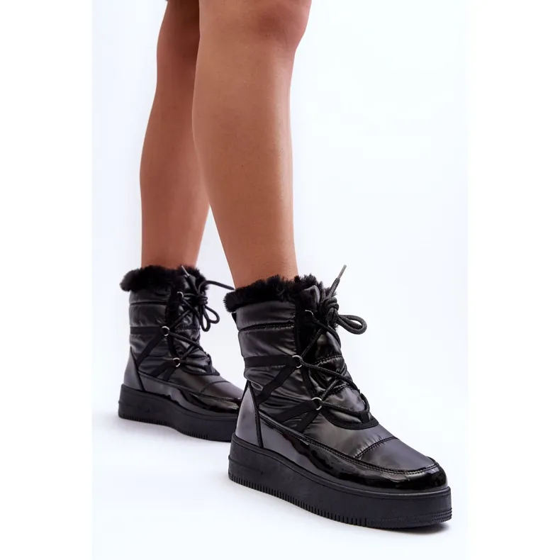 News Women's Lace-Up Snow Boots With Fur Black Lexxina