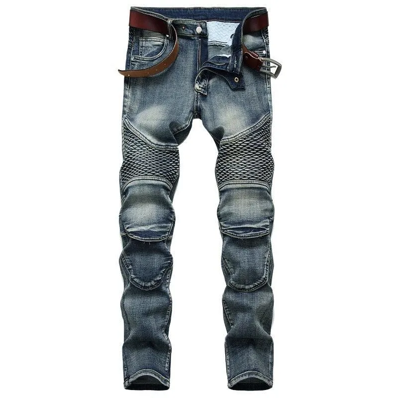 Punk Rock Motorcycle Riding Jeans with Knee Guards - Straight Leg Style