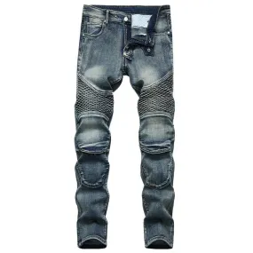 Punk Rock Motorcycle Riding Jeans with Knee Guards - Straight Leg Style