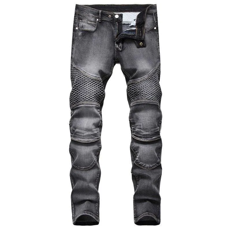 Punk Rock Motorcycle Riding Jeans with Knee Guards - Straight Leg Style