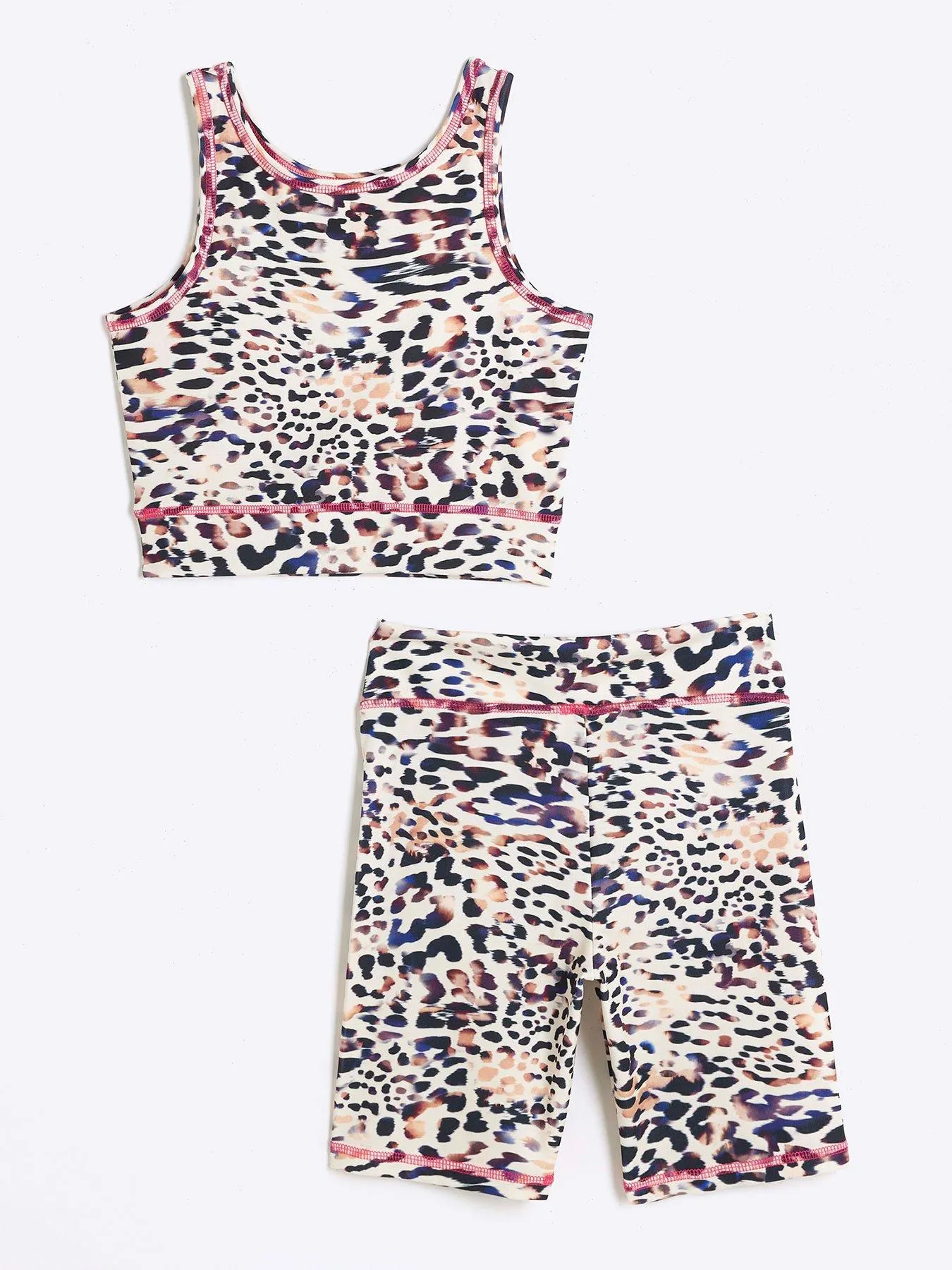 River Island Girls Leopard Crop And Cycle Short Activewear Set - Beige