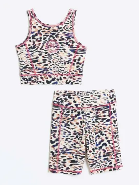 River Island Girls Leopard Crop And Cycle Short Activewear Set - Beige