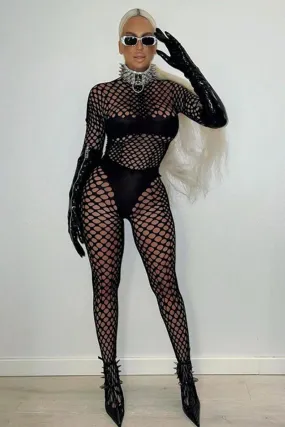 See Through Fishnet Long Sleeve Tee And Leggings Set