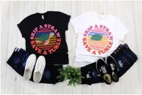 Skip A Straw Save A Turtle | Retro Sunset T-Shirts, Nature lover Tee, Eco Ocean, Environmental Activist Shirt, Love Turtle Shirt