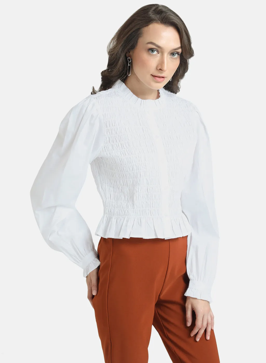 Smocked Top With Puff Sleeves And Ruffle Detail