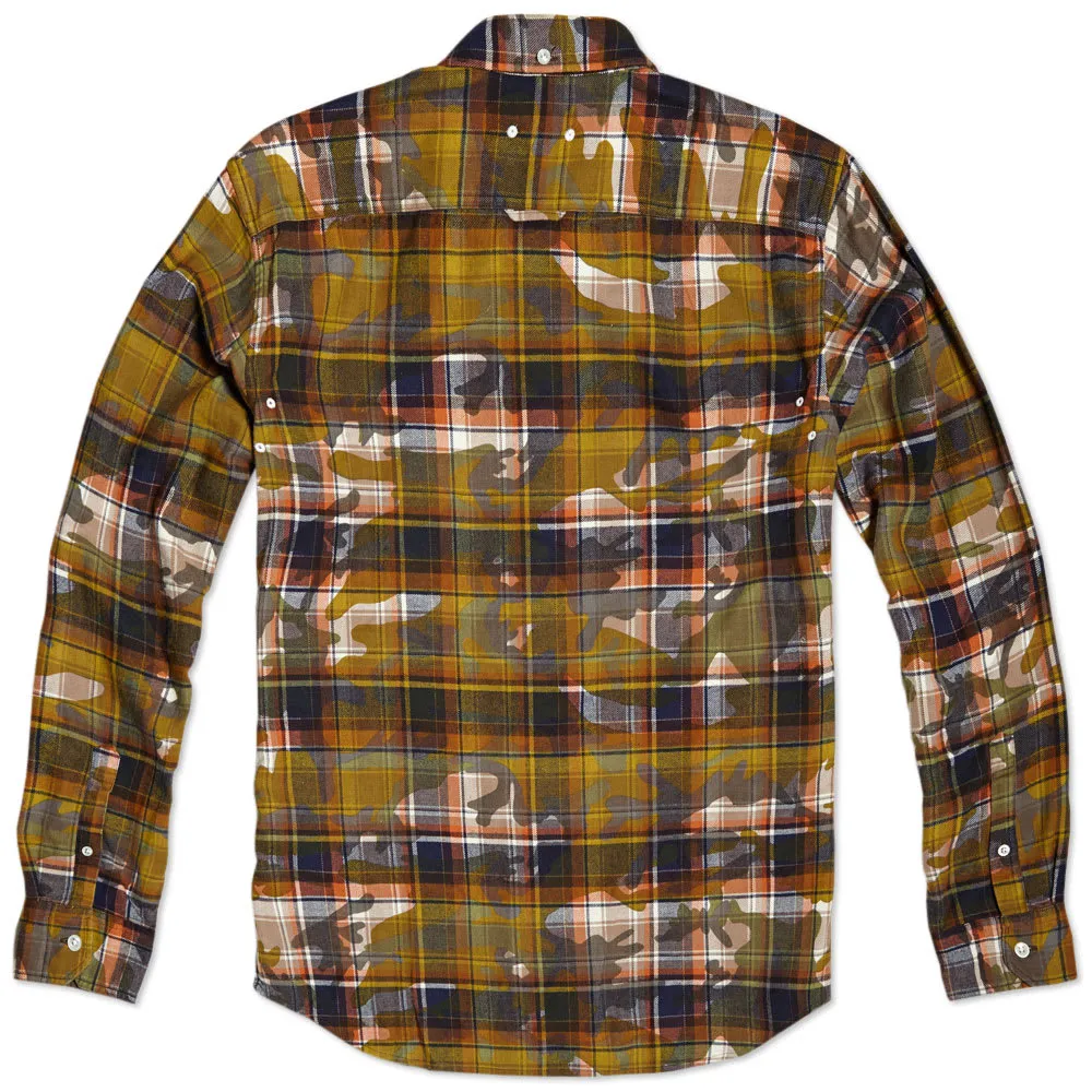 SOPHNET. Camouflage Over Print Flannel Button Down ShirtCamel