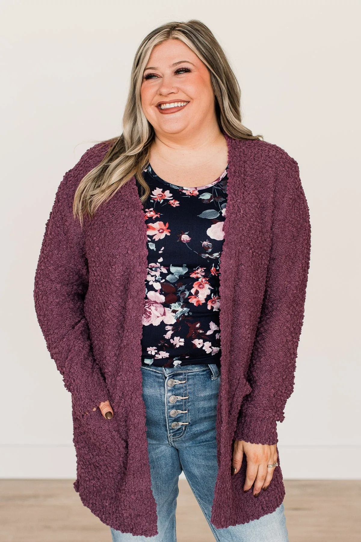 Take Another Look Popcorn Cardigan- Eggplant