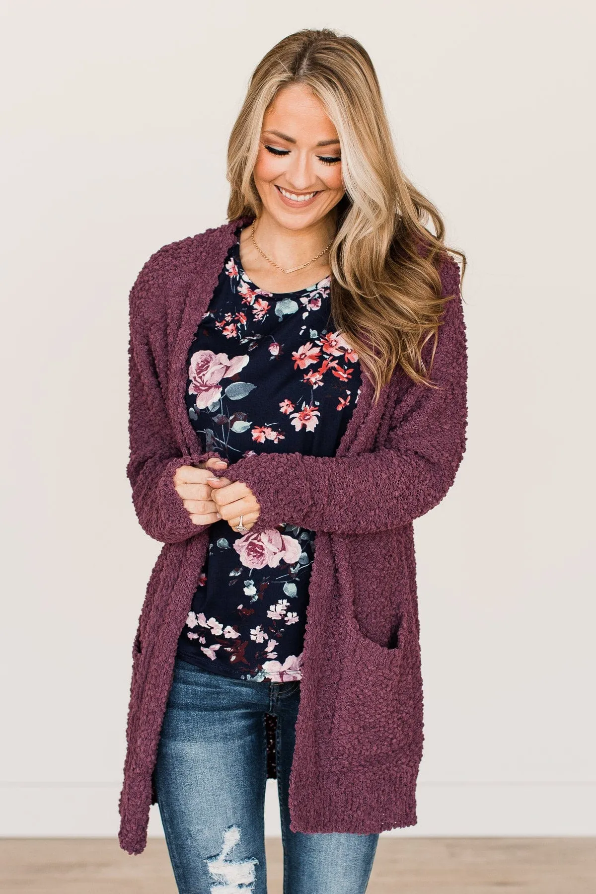 Take Another Look Popcorn Cardigan- Eggplant