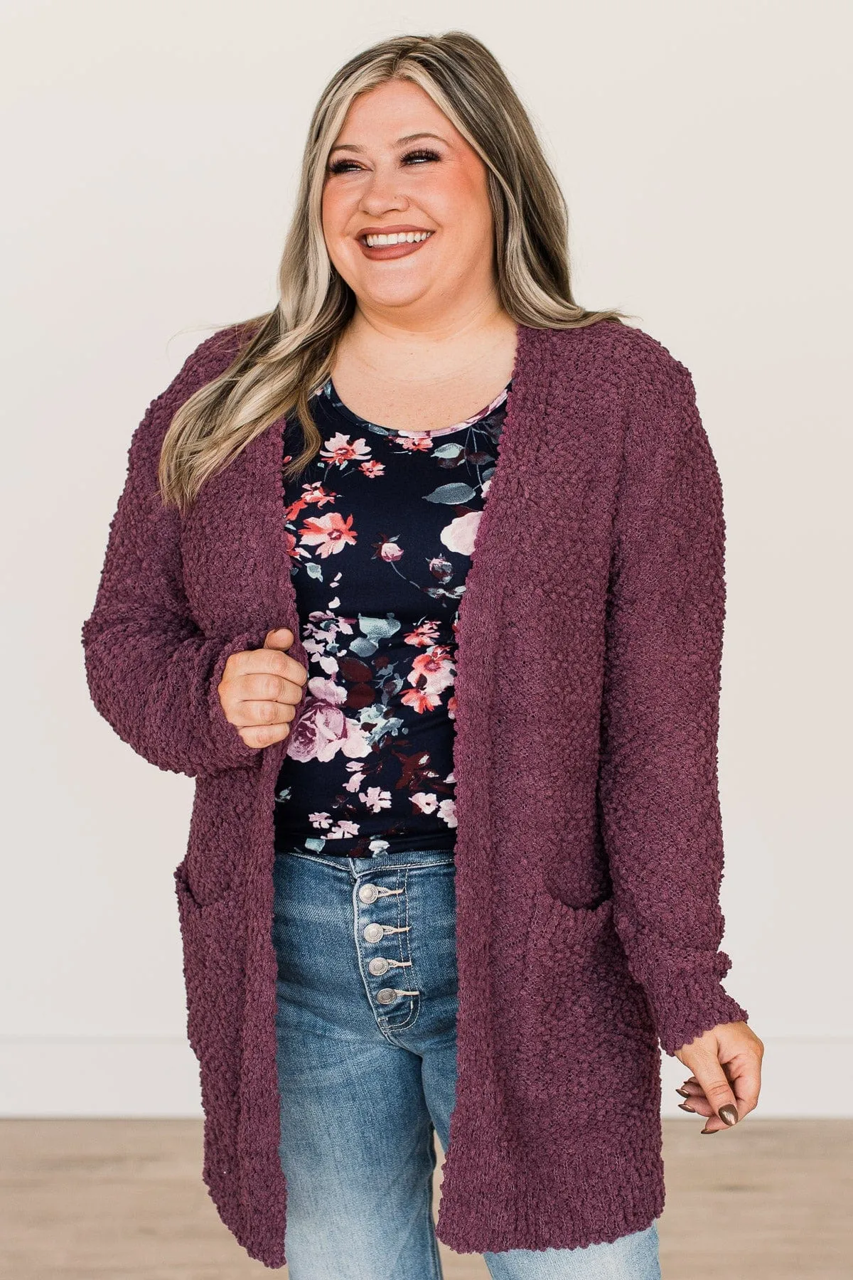 Take Another Look Popcorn Cardigan- Eggplant