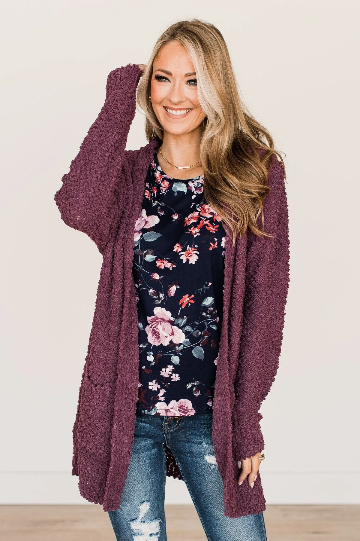 Take Another Look Popcorn Cardigan- Eggplant