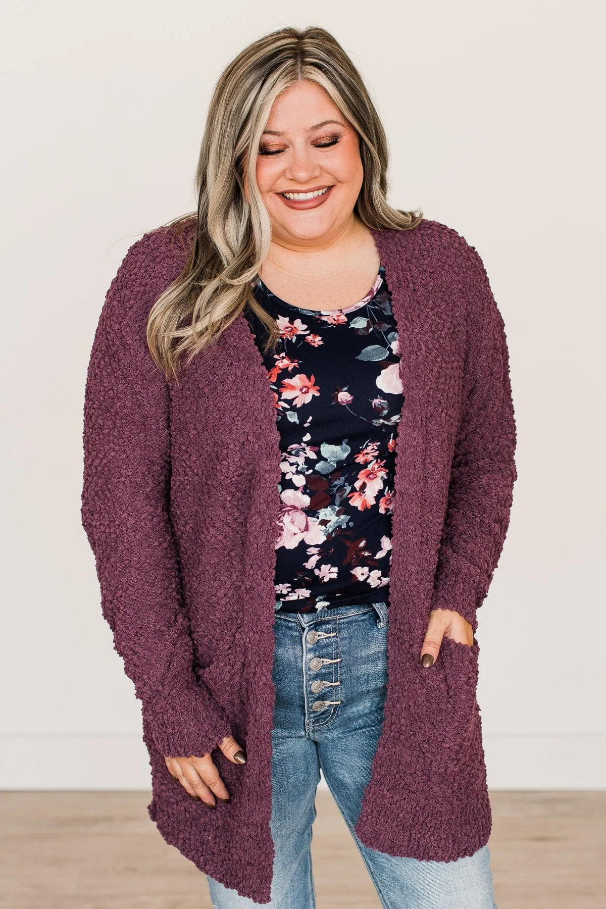 Take Another Look Popcorn Cardigan- Eggplant