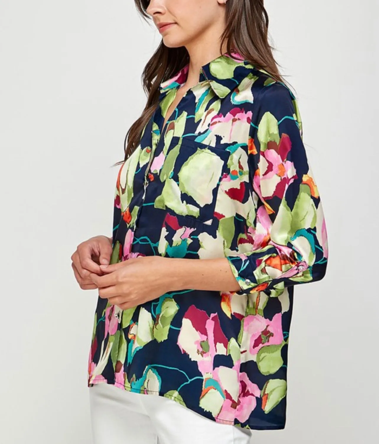 TX7301 Satin long sleeves print shirt