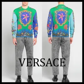 VERSACE  |Pullovers Unisex Silk Street Style U-Neck Long Sleeves Logo