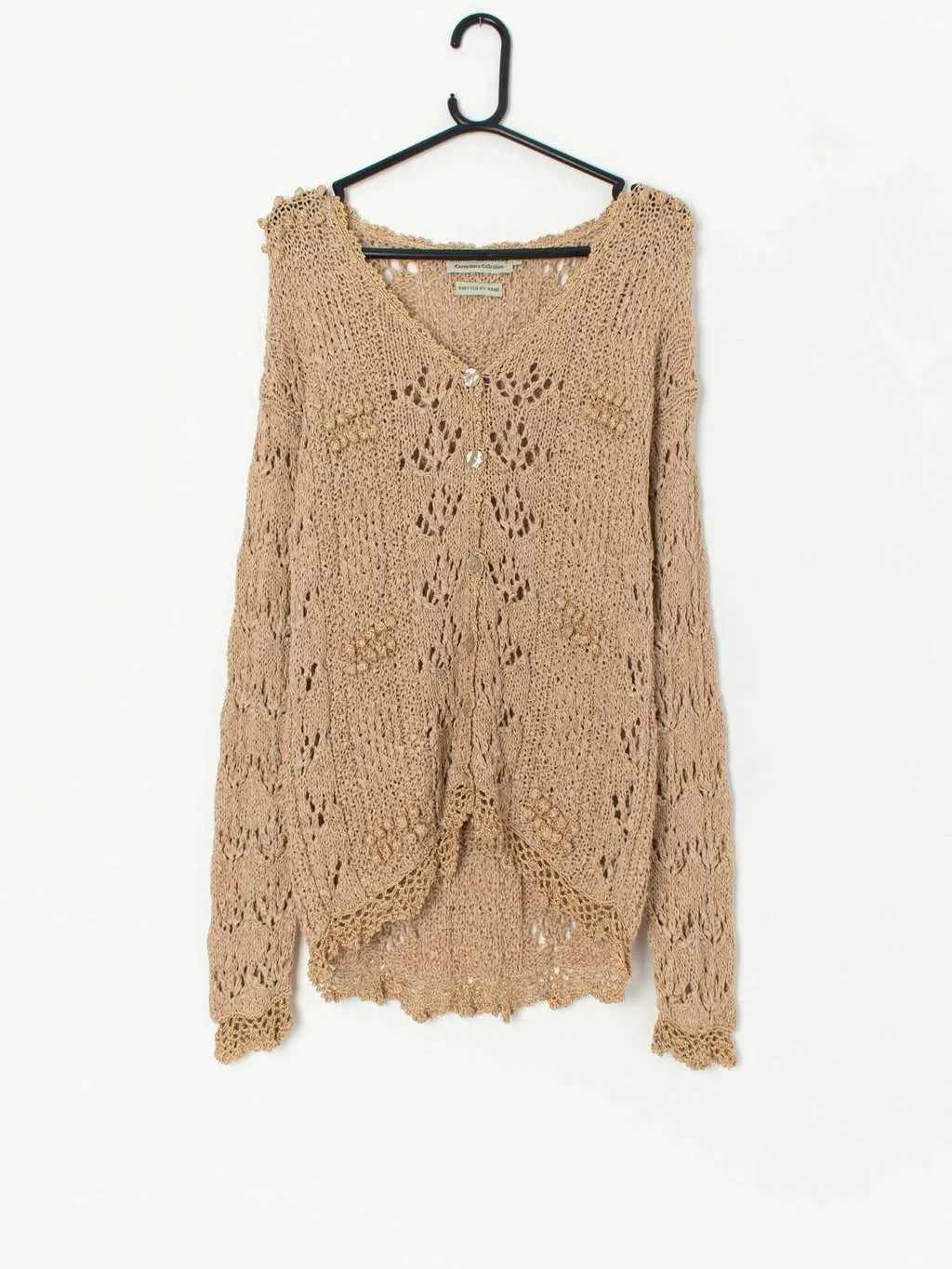 Vintage hand knitted cardigan in beige and gold with 3D knit embellishments – Medium