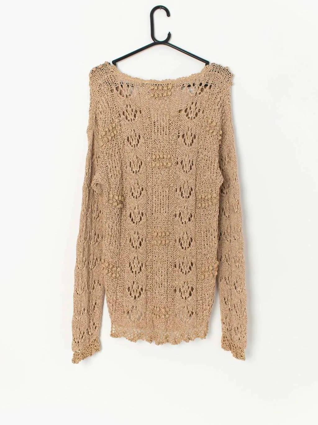 Vintage hand knitted cardigan in beige and gold with 3D knit embellishments – Medium