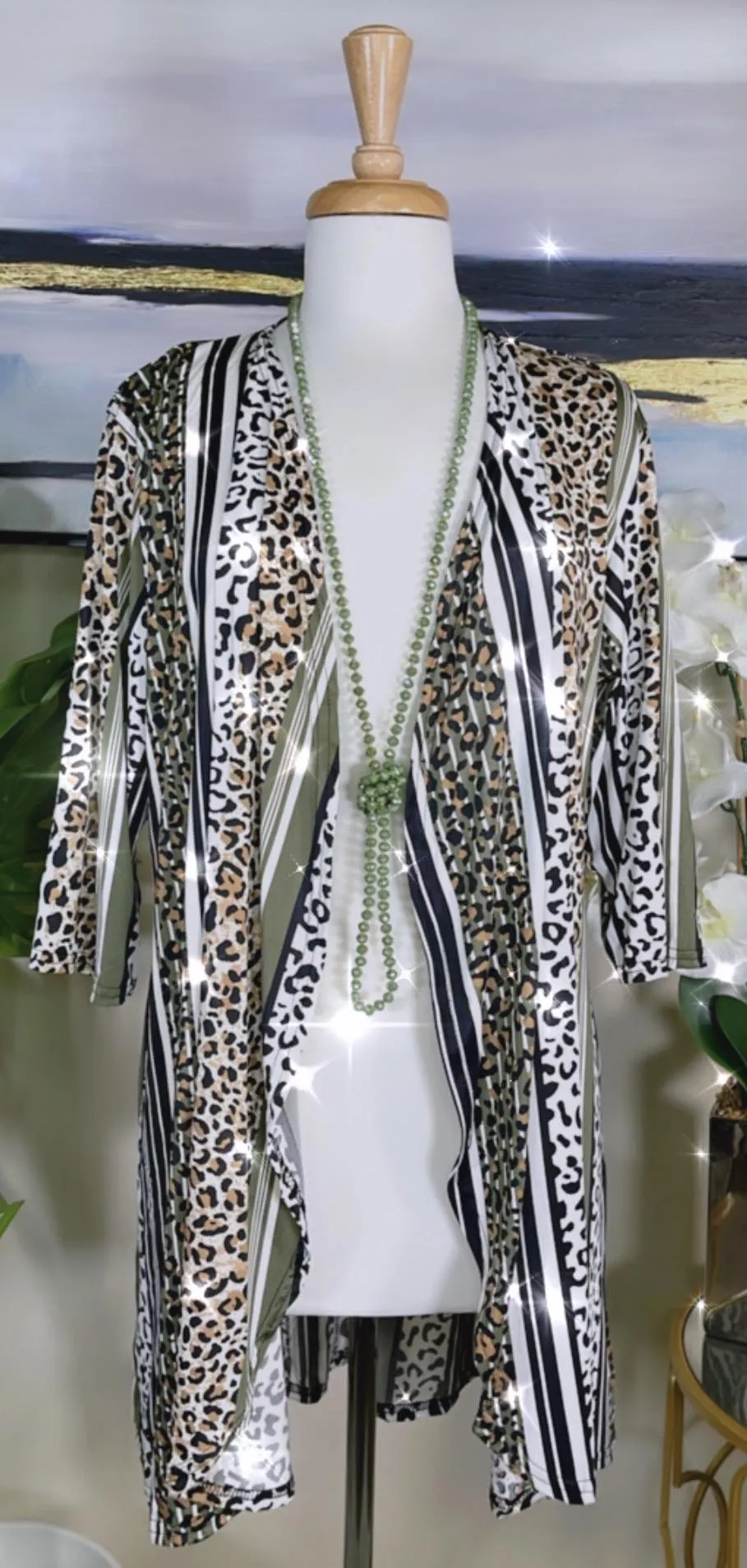 White Leopard & Olive Stripe  Cardigan