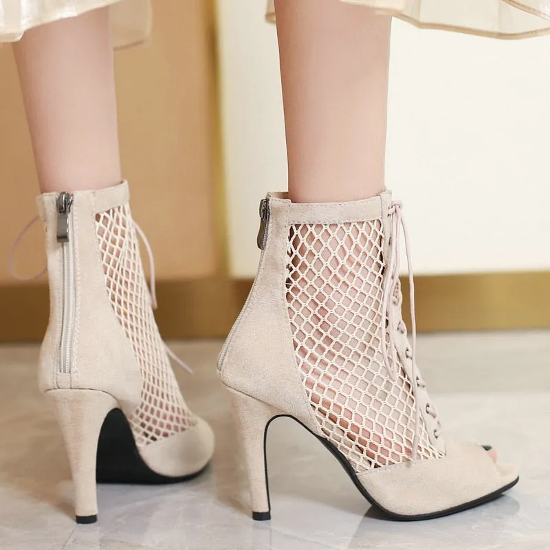 Women's Beige Comfortable Light Soft Zipper Sandal High Heel Boots