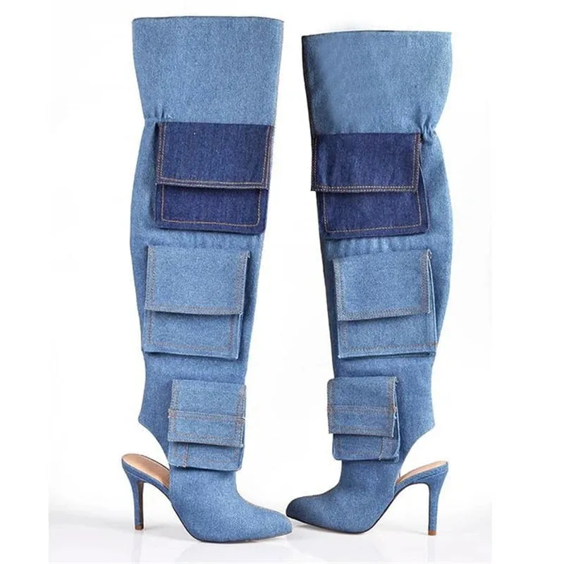 Women's Denim Patchwork Pleated Slingbacks Zipper Over The Knee Boots