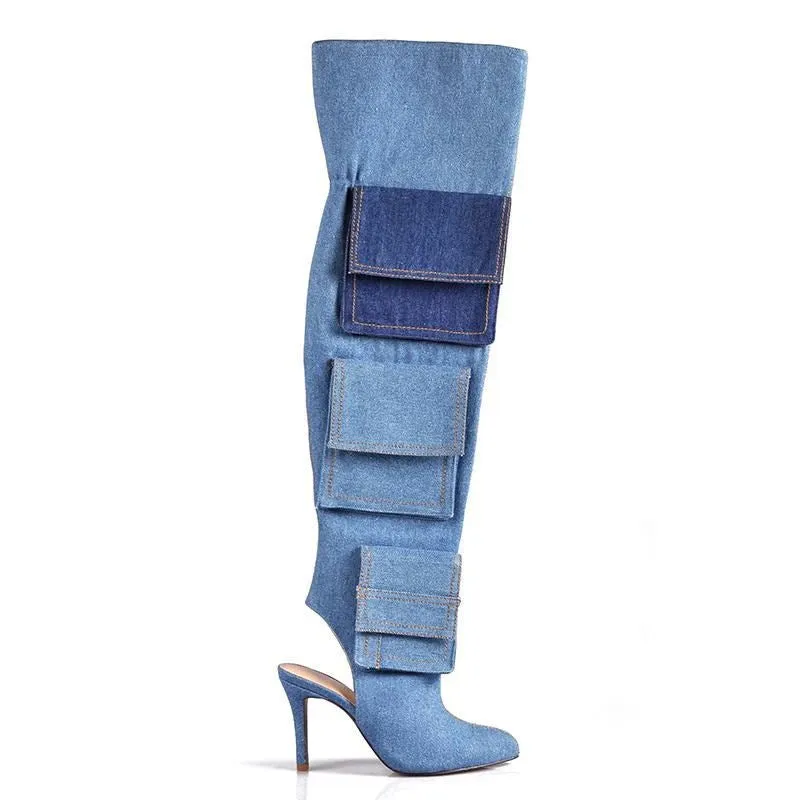 Women's Denim Patchwork Pleated Slingbacks Zipper Over The Knee Boots