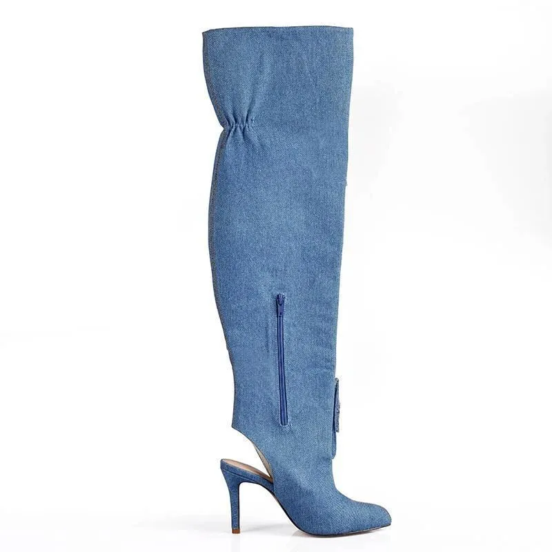 Women's Denim Patchwork Pleated Slingbacks Zipper Over The Knee Boots