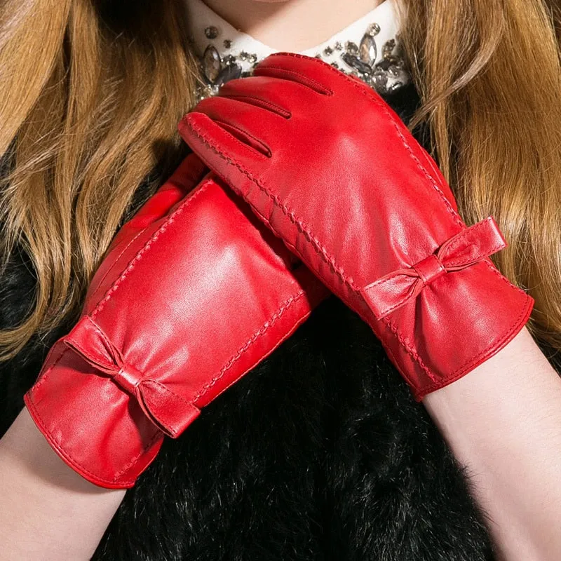 Women's Fashion Winter Genuine Leather Goatskin Warm Finger gloves