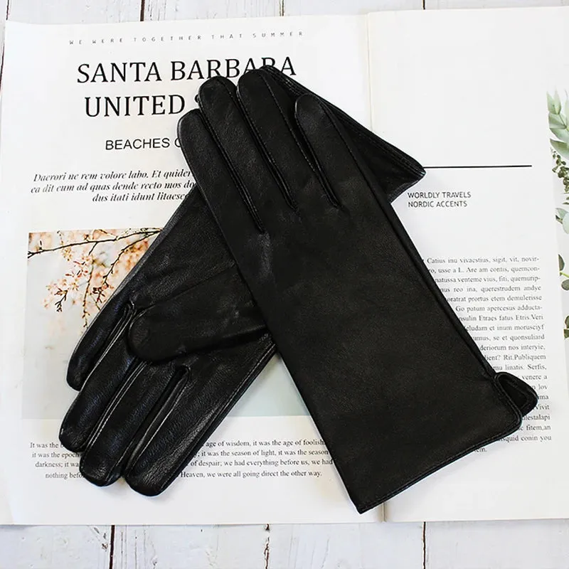 Women's Luxury Warm Real Sheepskin Leather Solid Pattern Driving Gloves