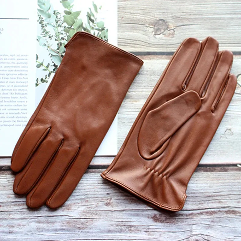 Women's Luxury Warm Real Sheepskin Leather Solid Pattern Driving Gloves