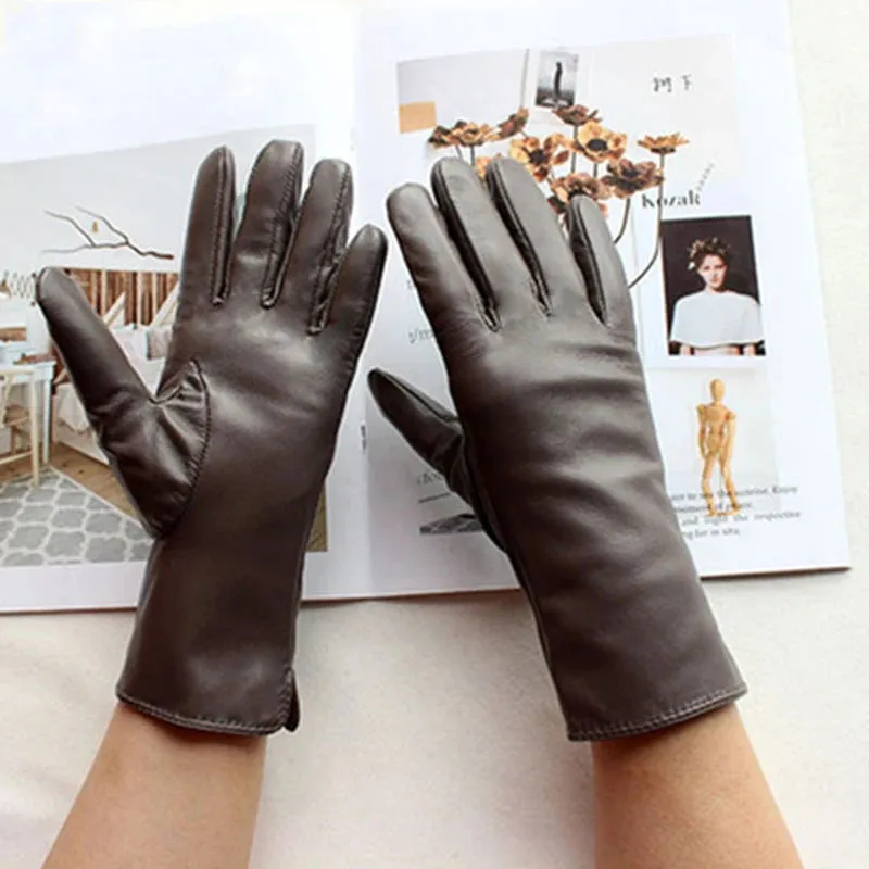 Women's Luxury Warm Real Sheepskin Leather Solid Pattern Driving Gloves