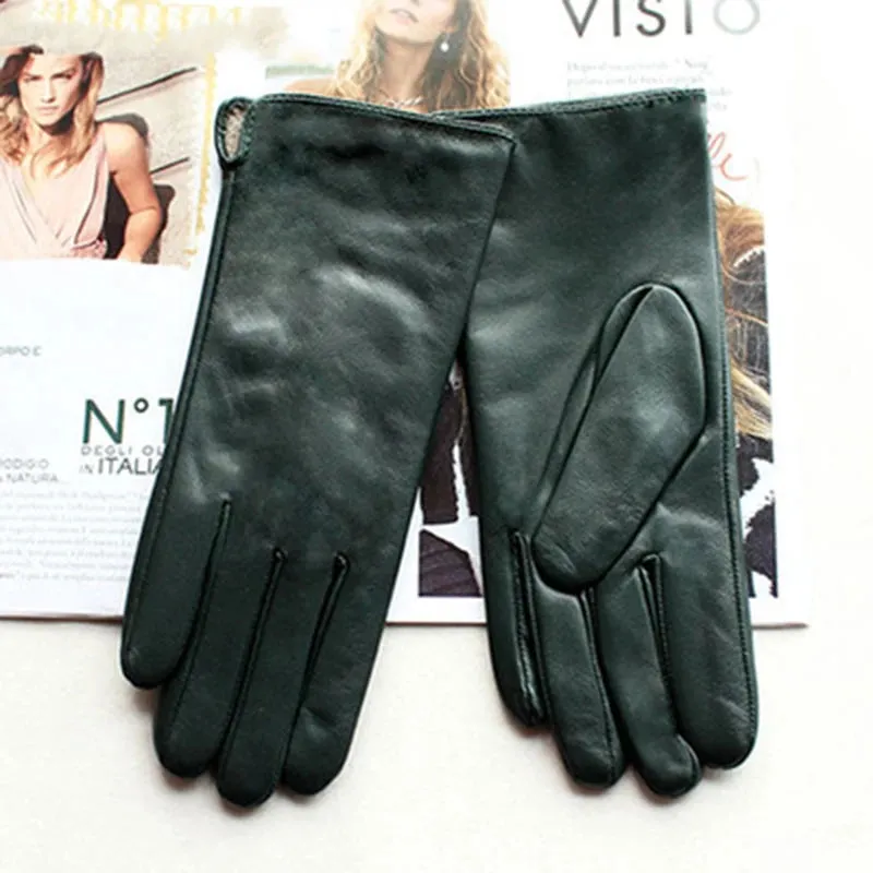 Women's Luxury Warm Real Sheepskin Leather Solid Pattern Driving Gloves