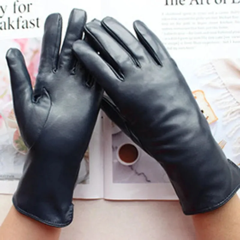 Women's Luxury Warm Real Sheepskin Leather Solid Pattern Driving Gloves