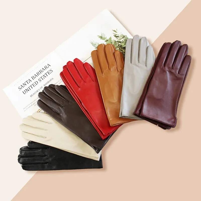 Women's Luxury Warm Real Sheepskin Leather Solid Pattern Driving Gloves