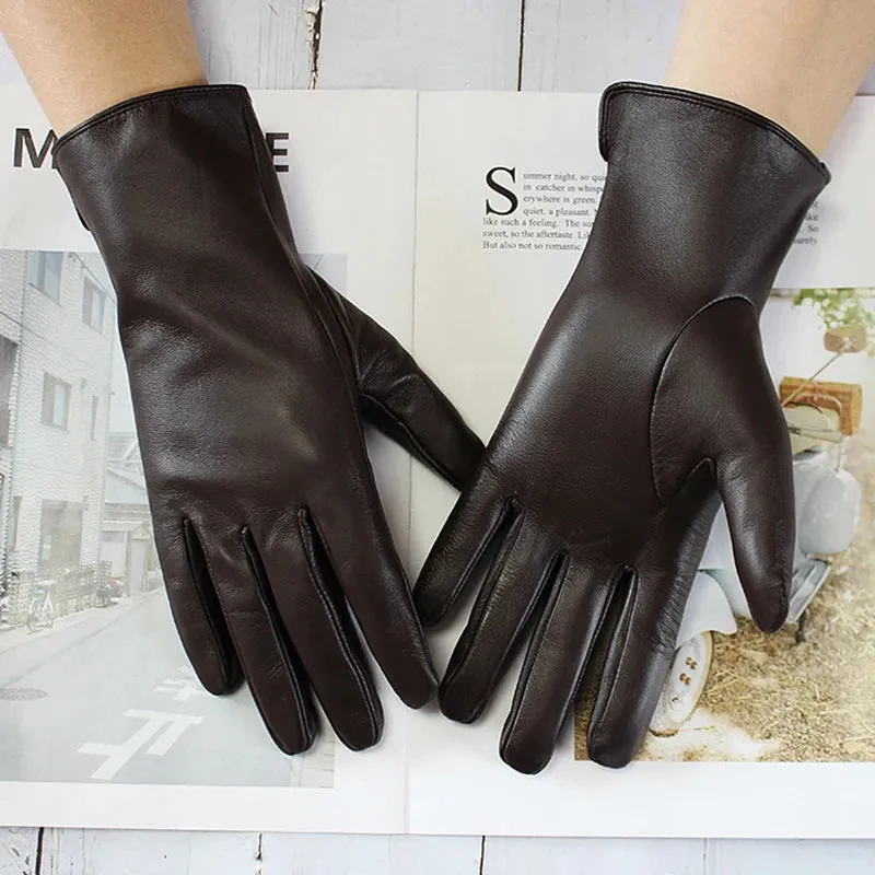 Women's Luxury Warm Real Sheepskin Leather Solid Pattern Driving Gloves