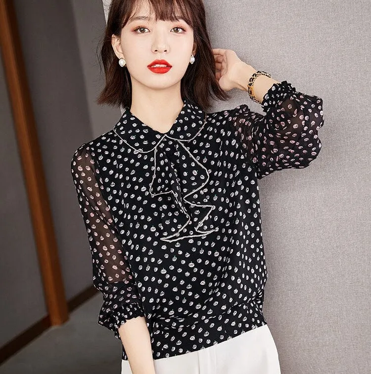 Women's Vintage Elegant Printed Chiffon Long Sleeves Office Blouse