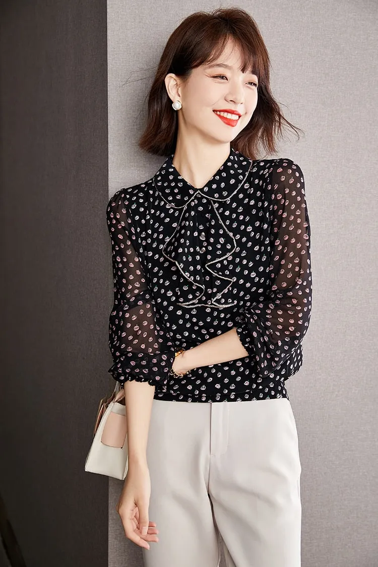 Women's Vintage Elegant Printed Chiffon Long Sleeves Office Blouse