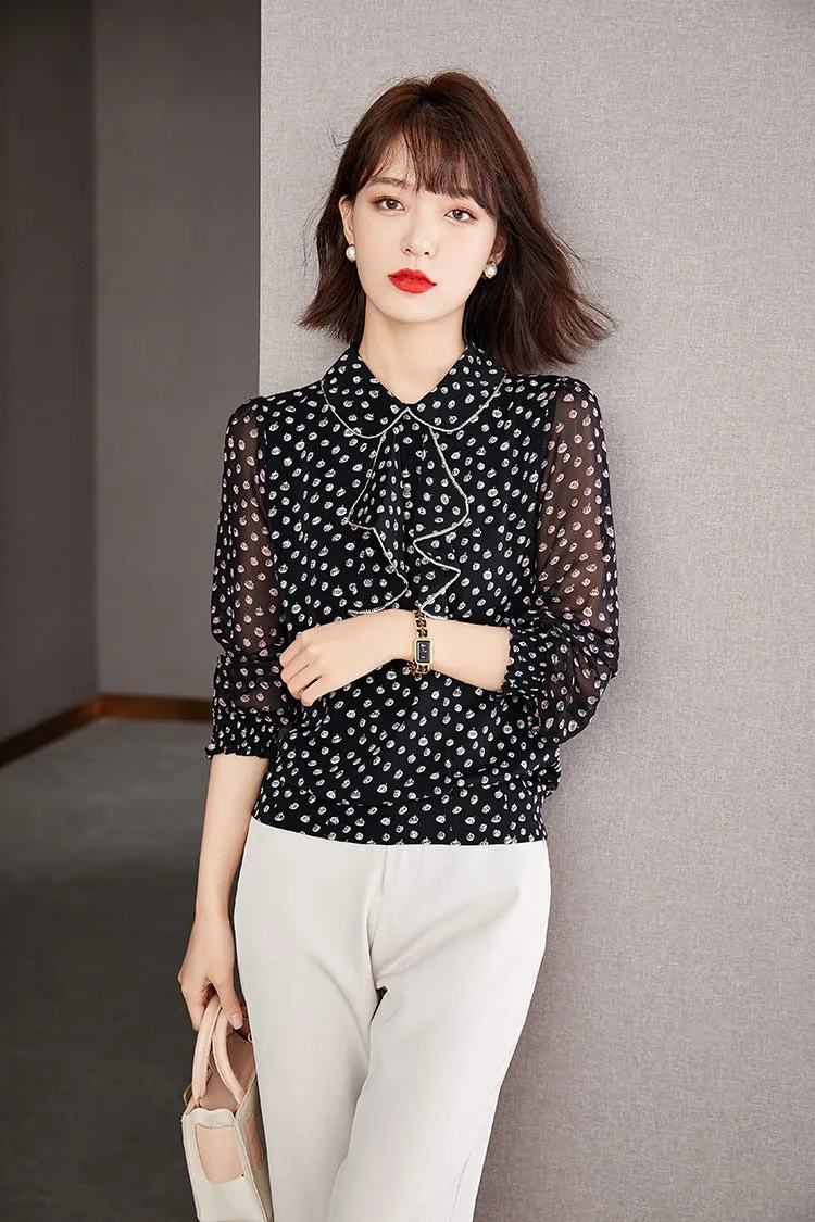 Women's Vintage Elegant Printed Chiffon Long Sleeves Office Blouse