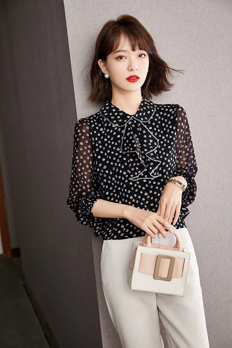 Women's Vintage Elegant Printed Chiffon Long Sleeves Office Blouse