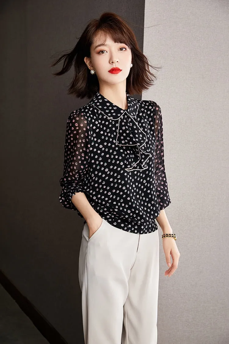 Women's Vintage Elegant Printed Chiffon Long Sleeves Office Blouse