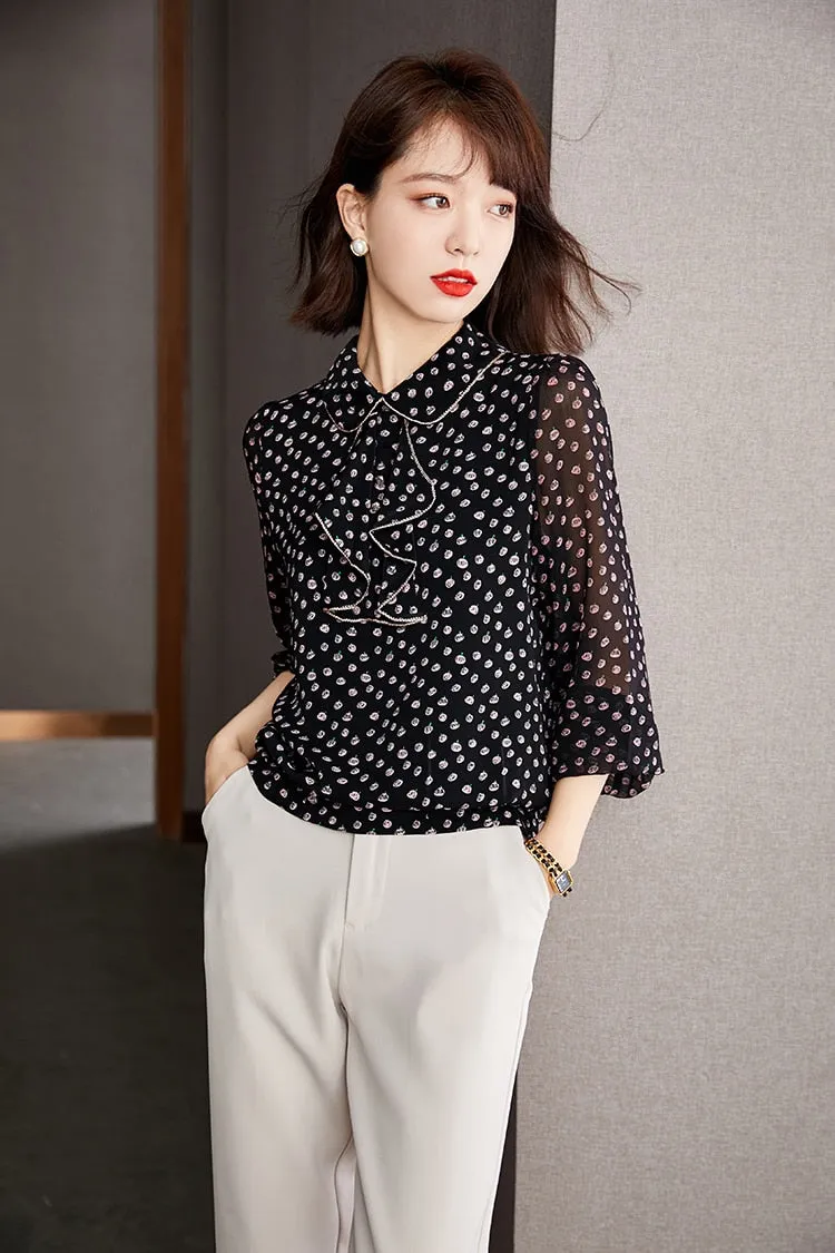 Women's Vintage Elegant Printed Chiffon Long Sleeves Office Blouse