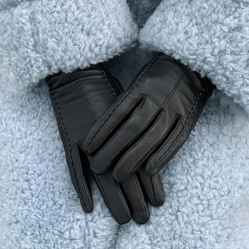 Women's Winter Genuine Goatskin Leather Driving Thermal Gloves