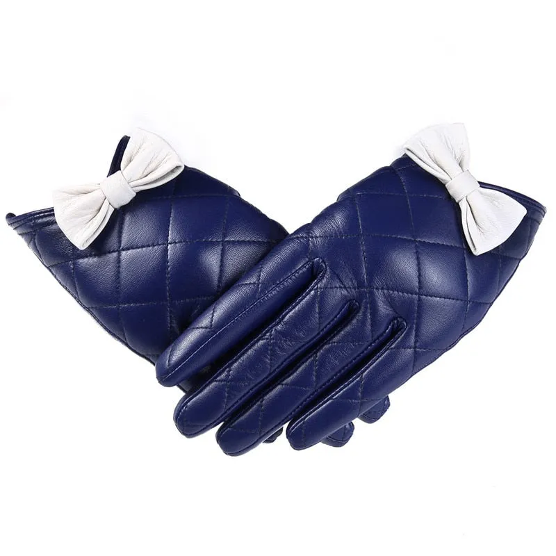 Women's Winter Genuine Goatskin Leather Touch Screen Bow Cute Gloves