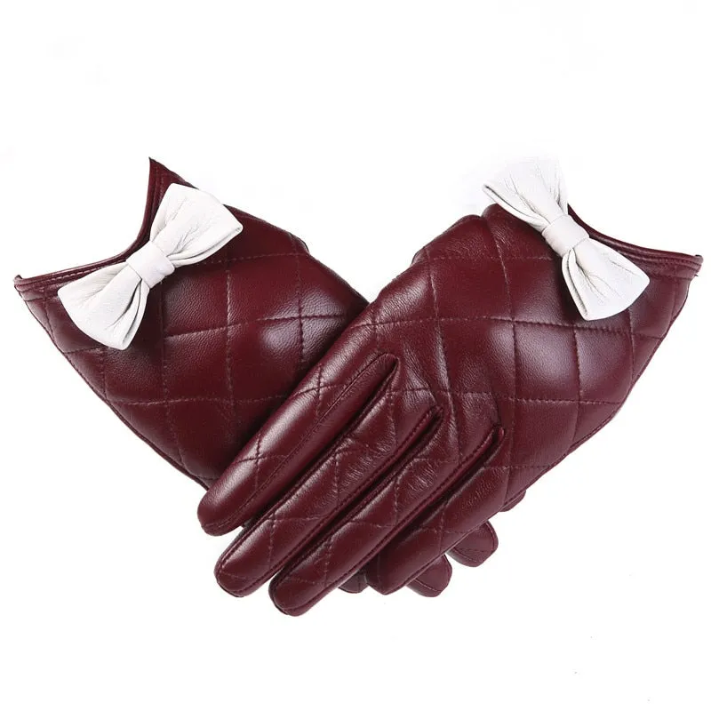 Women's Winter Genuine Goatskin Leather Touch Screen Bow Cute Gloves