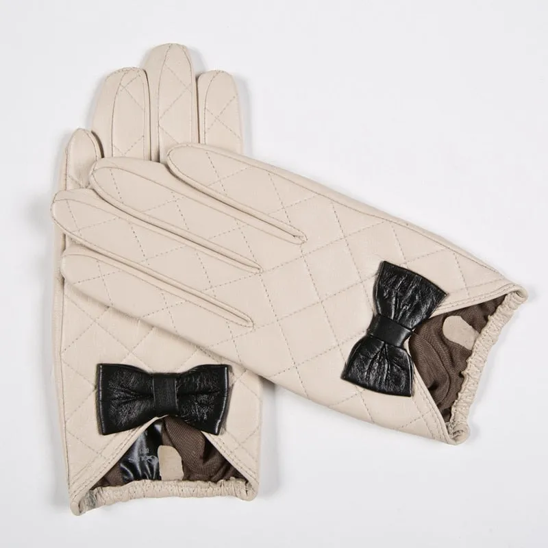 Women's Winter Genuine Goatskin Leather Touch Screen Bow Cute Gloves